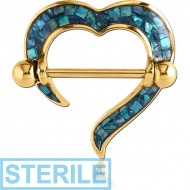 STERILE GOLD PVD COATED SURGICAL STEEL SYNTHETIC MOTHER OF PEARL MOSAIC NIPPLE SHIELD - HEART