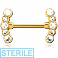 STERILE GOLD PVD COATED SURGICAL STEEL JEWELLED NIPPLE BAR