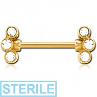 STERILE GOLD PVD COATED SURGICAL STEEL JEWELLED NIPPLE BAR