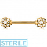STERILE GOLD PVD COATED SURGICAL STEEL JEWELLED NIPPLE BAR