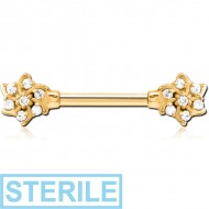 STERILE GOLD PVD COATED SURGICAL STEEL JEWELLED NIPPLE BAR
