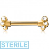 STERILE GOLD PVD COATED SURGICAL STEEL JEWELLED NIPPLE BAR
