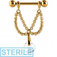 STERILE GOLD PVD COATED SURGICAL STEEL JEWELLED NIPPLE SHIELD - CHAIN AND ROUND BALL