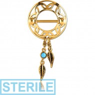 STERILE GOLD PVD COATED SURGICAL STEEL TURQUOISE DREAMCATCHER WITH FEATHERS NIPPLE SHIELD