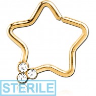 STERILE GOLD PVD COATED SURGICAL STEEL JEWELLED OPEN STAR SEAMLESS RING - TIRPLE GEM