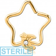 STERILE GOLD PVD COATED SURGICAL STEEL JEWELLED OPEN STAR SEAMLESS RING - CRESCENT AND STAR
