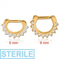 STERILE GOLD PVD COATED SURGICAL STEEL ROUND PRONG SET JEWELLED HINGED SEPTUM CLICKER RING PIERCING