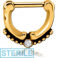 STERILE GOLD PVD COATED SURGICAL STEEL ROUND JEWELLED HINGED SEPTUM CLICKER