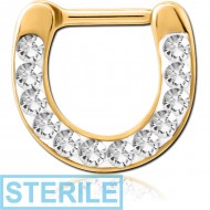 STERILE GOLD PVD COATED SURGICAL STEEL ROUND JEWELLED HINGED SEPTUM CLICKER