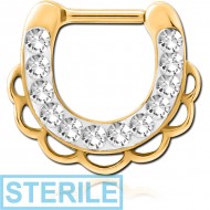 STERILE GOLD PVD COATED SURGICAL STEEL ROUND JEWELLED HINGED SEPTUM CLICKER