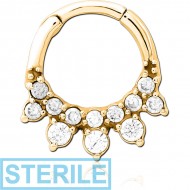 STERILE GOLD PVD COATED SURGICAL STEEL JEWELLED HINGED SEPTUM CLICKER RING