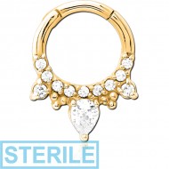 STERILE GOLD PVD COATED SURGICAL STEEL JEWELLED HINGED SEPTUM CLICKER RING