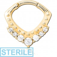 STERILE GOLD PVD COATED SURGICAL STEEL JEWELLED HINGED SEPTUM CLICKER RING