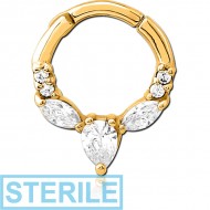 STERILE GOLD PVD COATED SURGICAL STEEL JEWELLED HINGED SEPTUM CLICKER RING