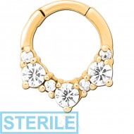 STERILE GOLD PVD COATED SURGICAL STEEL JEWELLED HINGED SEPTUM CLICKER RING