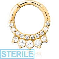 STERILE GOLD PVD COATED SURGICAL STEEL JEWELLED HINGED SEPTUM CLICKER RING