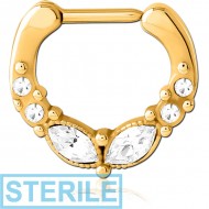 STERILE GOLD PVD COATED SURGICAL STEEL JEWELLED HINGED SEPTUM CLICKER RING