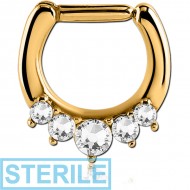 STERILE GOLD PVD COATED SURGICAL STEEL ROUND SWAROVSKI CRYSTALS JEWELLED HINGED SEPTUM CLICKER PIERCING