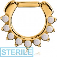 STERILE GOLD PVD COATED SURGICAL STEEL ROUND SYNTHETIC OPAL HINGED SEPTUM CLICKER