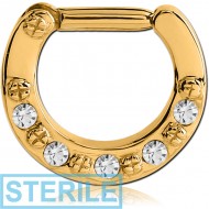 STERILE GOLD PVD COATED SURGICAL STEEL ROUND JEWELLED HINGED SEPTUM CLICKER PIERCING