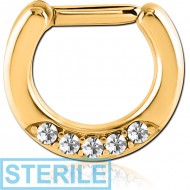 STERILE GOLD PVD COATED SURGICAL STEEL ROUND JEWELLED HINGED SEPTUM CLICKER