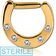 STERILE GOLD PVD COATED SURGICAL STEEL ROUND JEWELLED HINGED SEPTUM CLICKER