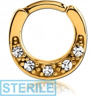 STERILE GOLD PVD COATED SURGICAL STEEL ROUND JEWELLED HINGED SEPTUM CLICKER PIERCING