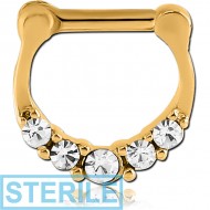 STERILE GOLD PVD COATED SURGICAL STEEL ROUND JEWELLED HINGED SEPTUM CLICKER