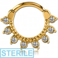 STERILE GOLD PVD COATED SURGICAL STEEL ROUND JEWELLED HINGED SEPTUM CLICKER