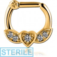 STERILE GOLD PVD COATED SURGICAL STEEL WINGED HEART PRONG SET JEWELLED HINGED SEPTUM CLICKER