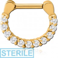STERILE GOLD PVD COATED SURGICAL STEEL ROUND PRONG SET JEWELLED HINGED SEPTUM CLICKER