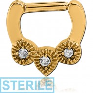 STERILE GOLD PVD COATED SURGICAL STEEL ROUND JEWELLED HINGED SEPTUM CLICKER