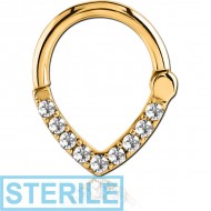 STERILE GOLD PVD COATED SURGICAL STEEL ROUND JEWELLED HINGED SEPTUM CLICKER