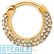 STERILE GOLD PVD COATED SURGICAL STEEL ROUND JEWELLED HINGED SEPTUM CLICKER PIERCING