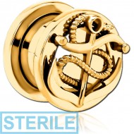 STERILE GOLD PVD COATED STAINLESS STEEL THREADED TUNNEL WITH SURGICAL STEEL TOP