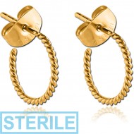 STERILE GOLD PVD COATED SURGICAL STEEL EAR STUDS PAIR - TWIST HOOP