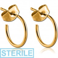 STERILE GOLD PVD COATED SURGICAL STEEL EAR STUDS PAIR - HOOP