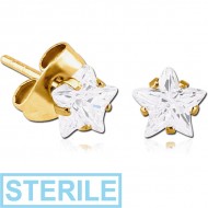 STERILE GOLD PVD COATED SURGICAL STEEL STAR PRONG SET JEWELLED EAR STUDS PAIR