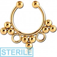 STERILE GOLD PVD COATED SURGICAL STEEL FAKE SEPTUM RING - 9 BALLS AND 2 RINGS