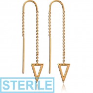 STERILE STERLING SILVER 925 GOLD PVD COATED CHAIN EARRINGS PAIR - TRIANGLE