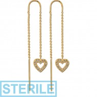 STERILE STERLING SILVER 925 GOLD PVD COATED CHAIN JEWELLED EARRINGS PAIR - HEART