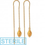 STERILE STERLING SILVER 925 GOLD PVD COATED CHAIN EARRINGS PAIR - LEAF