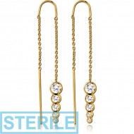STERILE STERLING SILVER 925 GOLD PVD COATED CHAIN JEWELLED EARRINGS PAIR - CIRCLES
