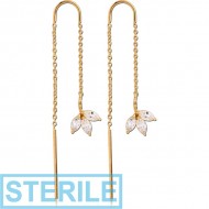 STERILE STERLING SILVER 925 GOLD PVD COATED JEWELLED CHAIN EARRINGS PAIR - LEAF