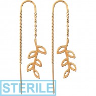 STERILE STERLING SILVER 925 GOLD PVD COATED CHAIN EARRINGS PAIR - LEAF