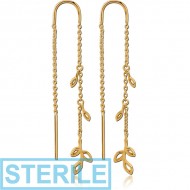STERILE STERLING SILVER 925 GOLD PVD COATED CHAIN EARRINGS PAIR - LEAVES