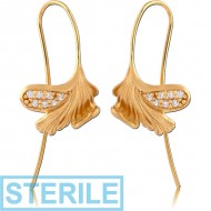 STERILE STERLING SILVER 925 GOLD PVD COATED JEWELLED EARRINGS PAIR - LEAF