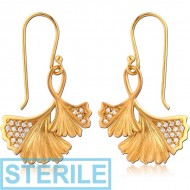 STERILE STERLING SILVER 925 GOLD PVD COATED JEWELLED EARRINGS PAIR - LEAF