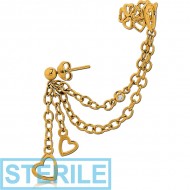 STERILE STERLING SILVER 925 GOLD PVD COATED EAR CUFF CHAIN WITH HEARTS