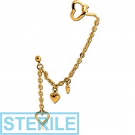 STERILE STERLING SILVER 925 GOLD PVD COATED EAR CUFF CHAIN WITH FOUR HEARTS